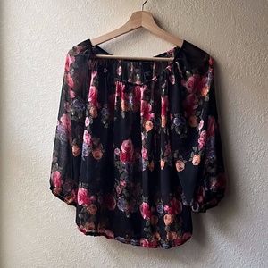 INC International Concepts, Black, Sheer, Blouse with Rose details